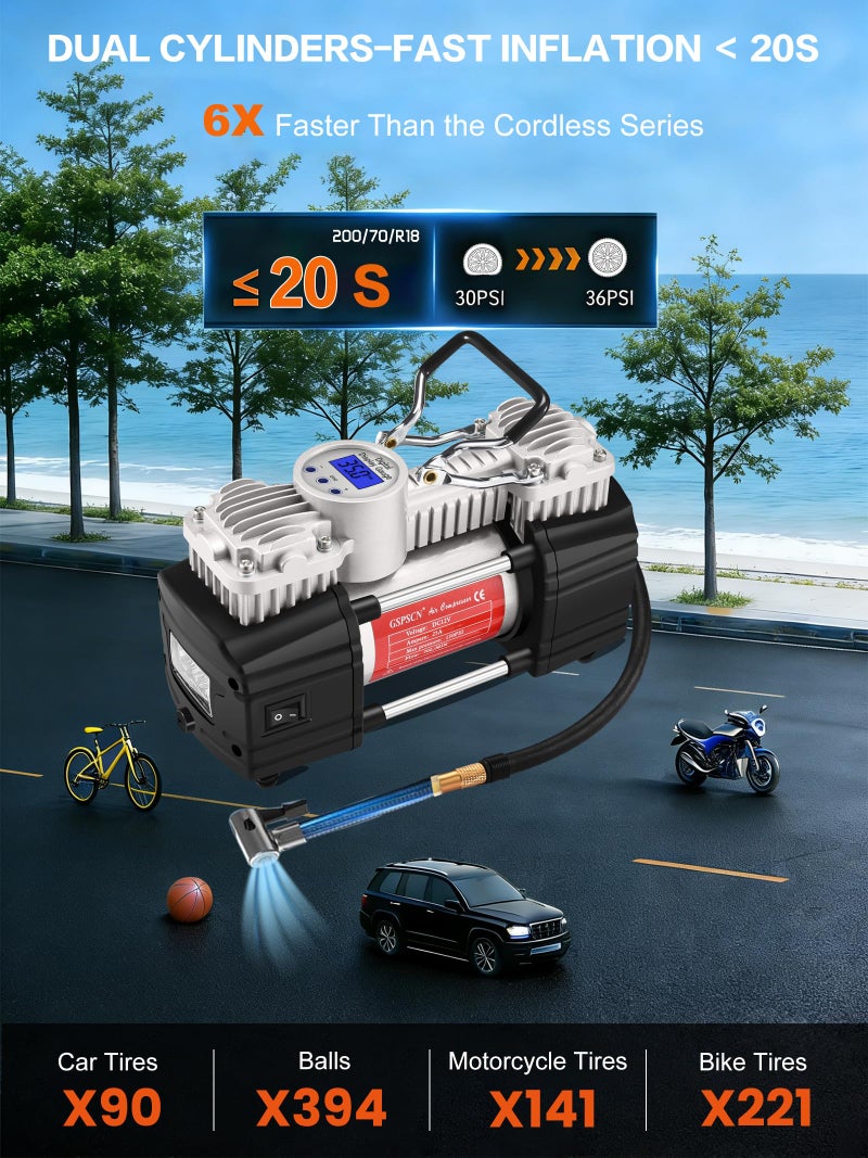 GSPSCN 6X Faster Inflation Portable 12V Air Compressor Pump Digital Display Tire Inflator with LED Flashlight, Heavy Duty Dual Cylinder Tire Pump 150 PSI for Auto,SUV,Off-Road,Truck,RV,Bike etc - Image 2